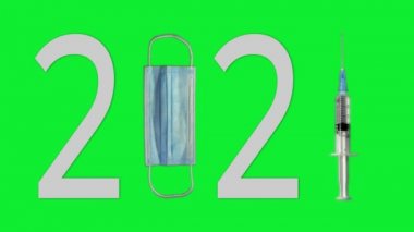 Animasyon 2020, koruyucu yüz maskesi ve şırıngayla hipodermik iğne ve krom arka planda deneysel aşı kullanılarak 2021 'e dönüşür.