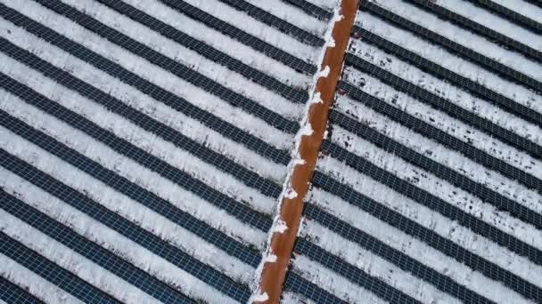 Widok z powietrza potężnej stacji z panelami słonecznymi generuje prąd elektryczny z pomocą światła słonecznego w śnieżnym polu w zimie — Wideo stockowe