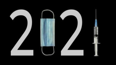 Animasyon 2020, koruyucu tıbbi maske ve şırınga ile derialtı iğnesi ve deneysel aşı kullanılarak 2021 'e dönüşür.