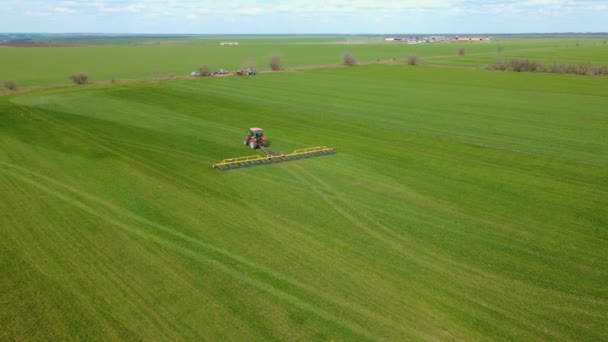 Schieten van drone vliegend over trekker met getande eg systeem ploegen grond op veld van gewassen gerst of tarwe — Stockvideo