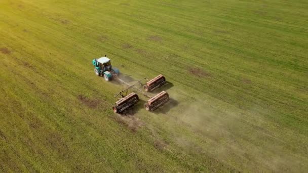 Kraftig jordbrukstraktor med spesiell tilhengerenhet tilsetter mineral- og nitrogengjødsel på grønn mark med byggavlinger ved solnedgang – stockvideo