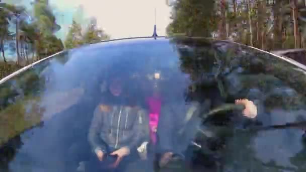 Timelapse utsikt genom vindrutan av rörlig bil på man och kvinna med sina barn på landsväg i tallskog. Värdet av ansvarsförsäkring — Stockvideo