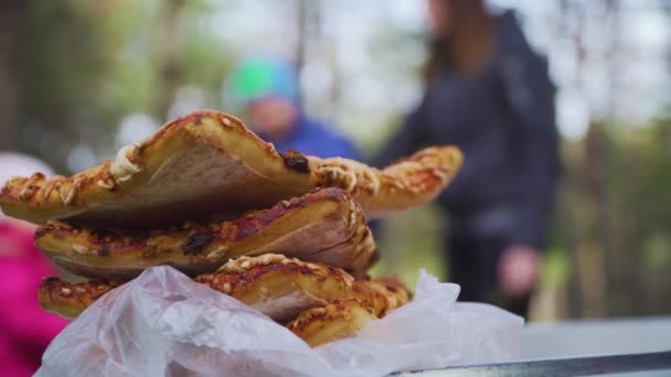 Få skiver saftig pizza med ost bacon og krydderier på bordet under picnic på baggrund af mor leger med sine børn søn og datter i nåleskov – Stock-video