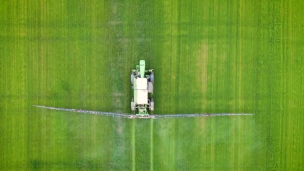 Boer trekker sproeien op groen veld met sproeier pesticiden, top drone view — Stockvideo