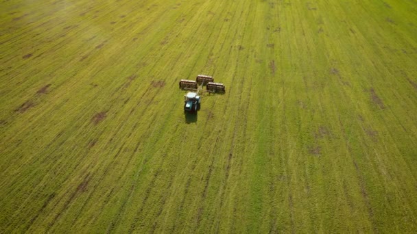 Nagy traktor modern agronómiai berendezéssel a nagy mező közepén áll a tavaszi műszak után naplementekor — Stock videók