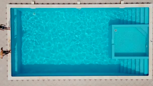 Muž a chlapec se synchronně vrhají do bazénu a vytvářejí obrovské šplouchání. Otec a syn plavou v modré vodě a baví se — Stock video