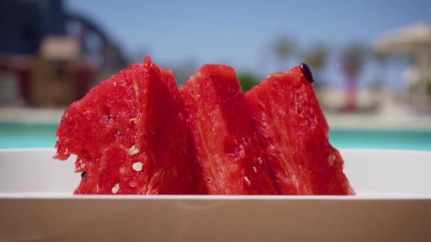 Frische reife Wassermelonenscheiben mit Zahnspuren auf dem Hintergrund des Swimmingpools in einem Luxus-Resort am Meer — Stockvideo