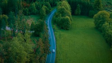Yeşil ormandan geçen ıslak ve dolambaçlı yolda giden bir araba. Beyaz sedan bulutlu havada dar virajlı yolda ilerliyor. Ağaçlar ve otlaklarla çevrili kaygan asfalt yolda giden araç.