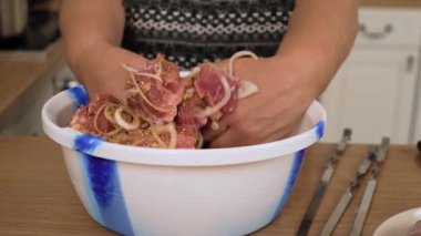 Domuz parçalarını soğan ve baharatlarla karıştırıp kebap yapıyorum. Baharatla marine edilmiş çiğ et ve ızgara için dilimlenmiş soğan. Mangal hazırlamak için domuz eti ve sebze karışımı.