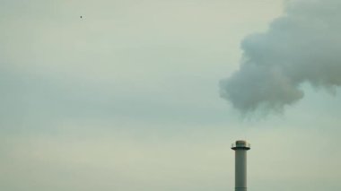 Ufukta duman yükselen sanayi tesisi bacası. Çevre kirliliği, fabrika emisyonları ve zehirli hava tehlikeleri. Sanayinin ekosistem ve kentsel çevre üzerindeki etkisi