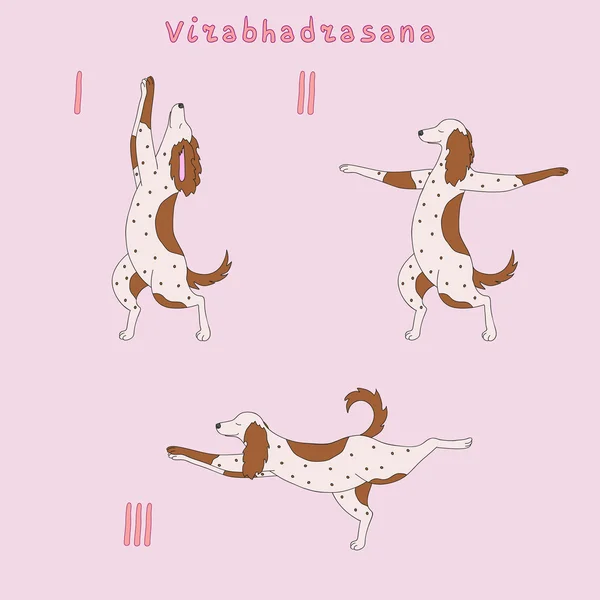 Ilustrace virabhadrasana představují instrukce s roztomilý pes — Stockový vektor
