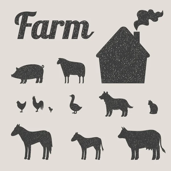 One color set of farm animals and country house — Stock Vector