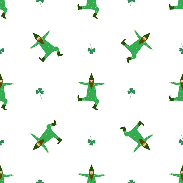 Cute dancing leprechaun and clover flower seamless pattern for S — Stock Vector