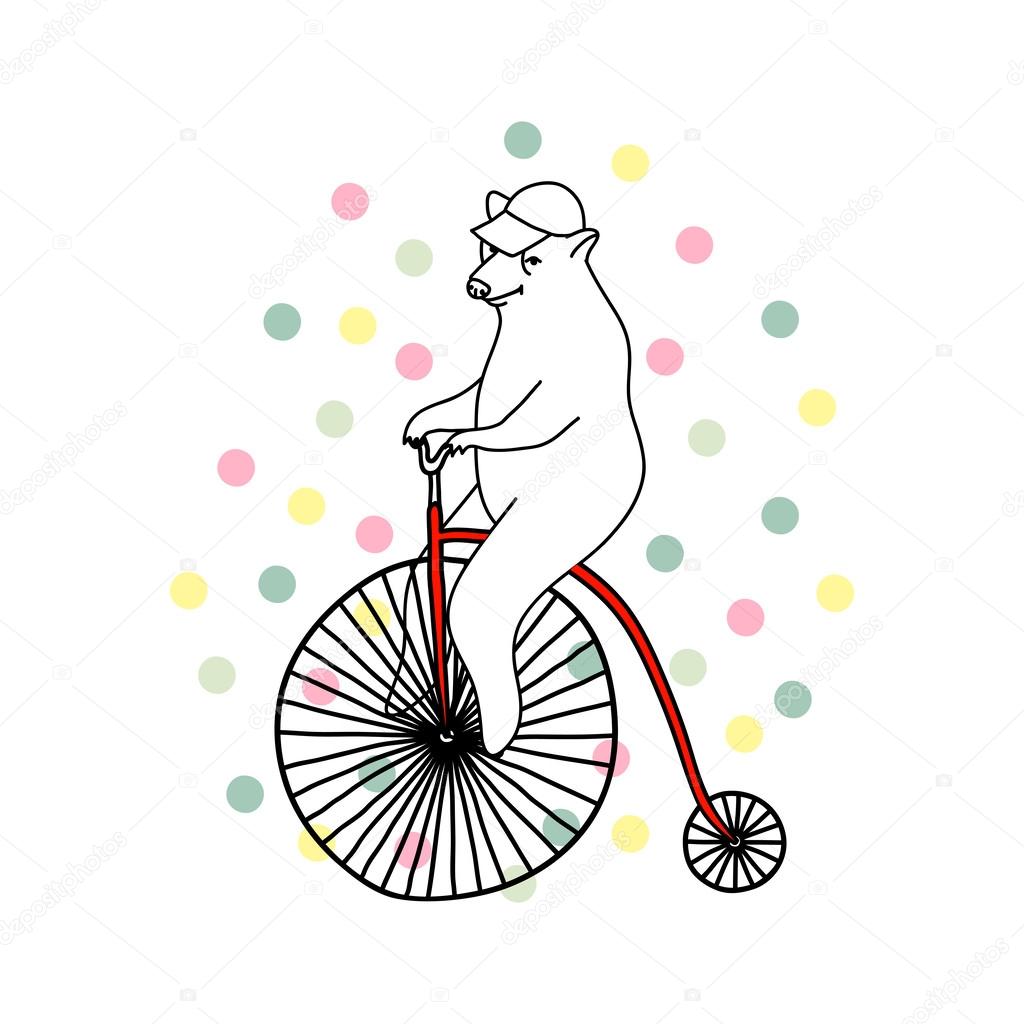 Illustration of cute bear riding an old-fashioned bicycle. Perfe