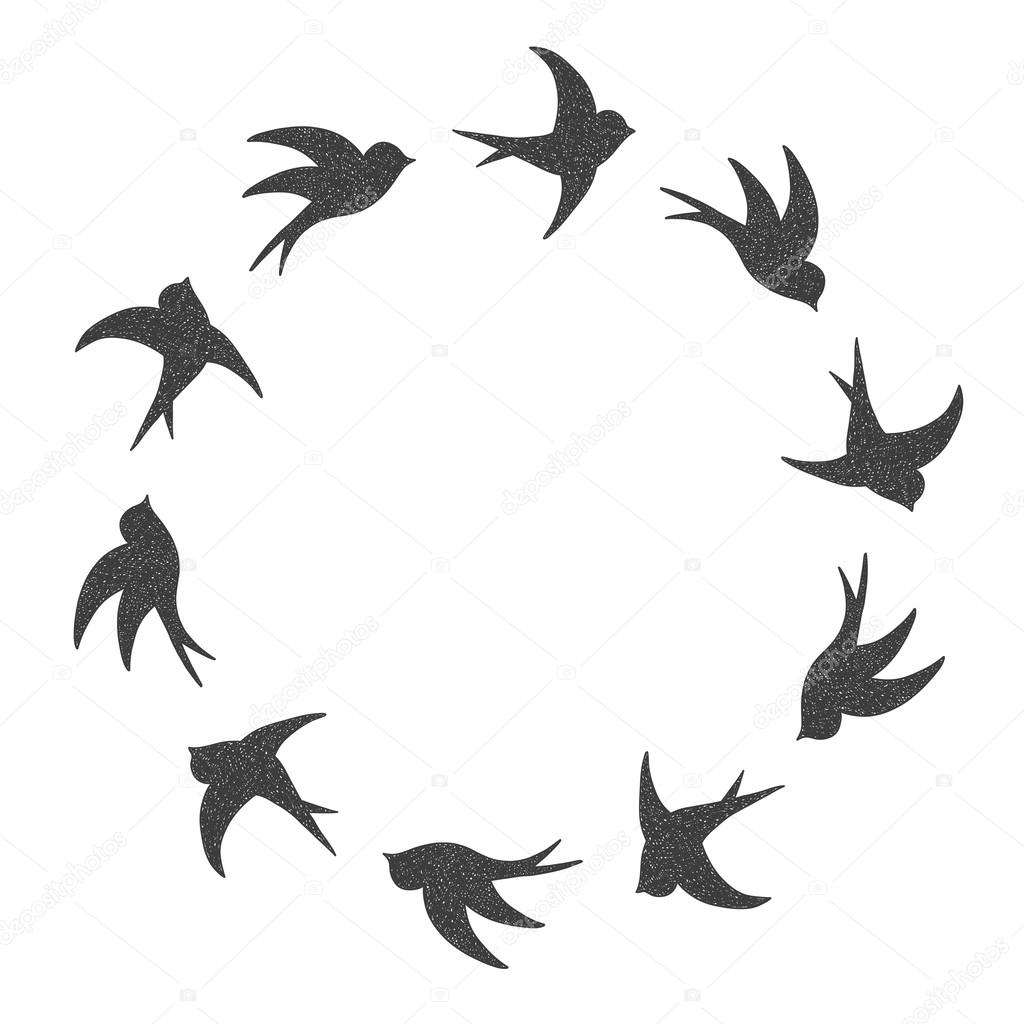 Scratched silhouette style flying swallows circle frame