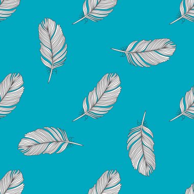 Çizilmiş beyaz Vintage tüyler mavi arka plan üzerinde uçan el 