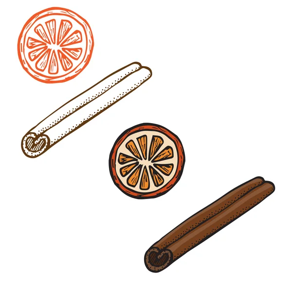 Dibujado a mano lindo conjunto de canela y una rebanada de naranja — Vector de stock