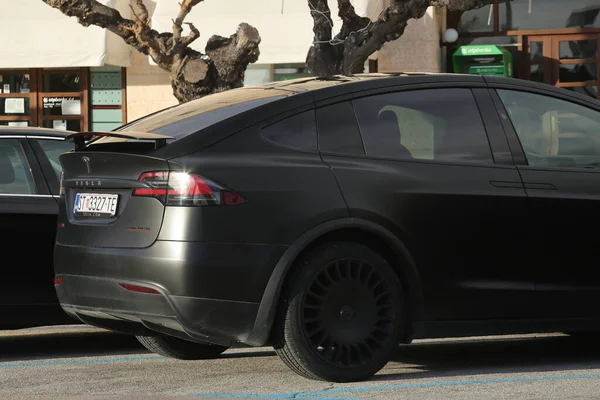 Makarska Croatia 2021 Black Tesla Car Parking Lot — Stock Photo, Image