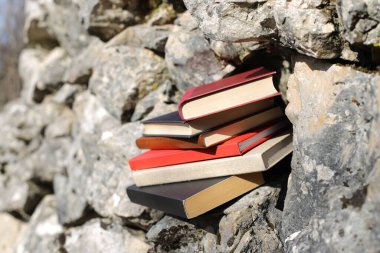 Taş duvardaki kitaplar.