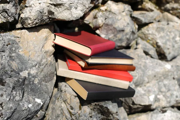 Books on the stone wall