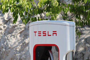 Vrgorac, Croatia, June 22, 2021. Tesla charging station for electric cars