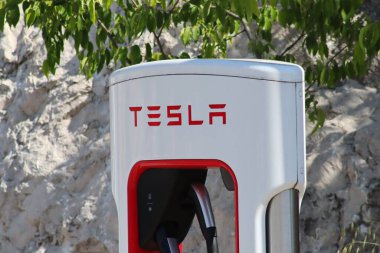Vrgorac, Croatia, June 22, 2021. Tesla charging station for electric cars