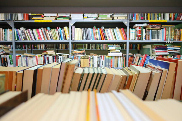 Books on a library shelf