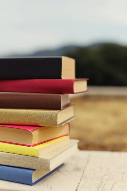 Okulun önündeki duvarda yığınla kitap var.