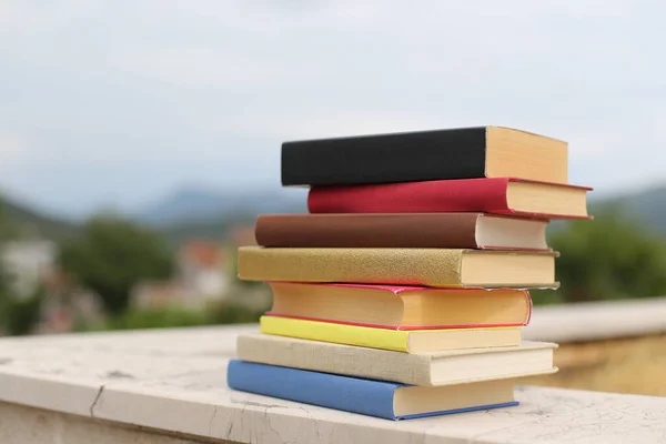 Stack of books on the wall in front of the school
