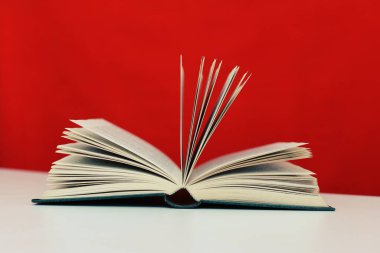 Masanın üstünde kırmızı kapaklı bir kitap var.