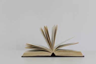 Fotoğraf, çerçevenin tam ortasına yerleştirilmiş açık ahşap bir masanın üzerinde duran açık bir kitabı gösteriyor. Sayfaları hafif bir kavisle yukarı doğru yayılmış, sanki nefesin ortasında kalmış ya da okuyucuların elinden yeni çıkmış gibi..