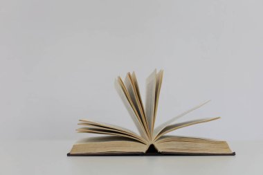 Fotoğraf, çerçevenin tam ortasına yerleştirilmiş açık ahşap bir masanın üzerinde duran açık bir kitabı gösteriyor. Sayfaları hafif bir kavisle yukarı doğru yayılmış, sanki nefesin ortasında kalmış ya da okuyucuların elinden yeni çıkmış gibi..