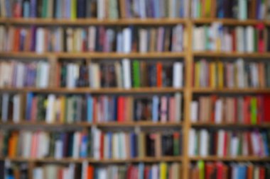 Görüntü, kitaplarla dolu geniş bir raf duvarını gösteriyor, ancak tüm sahne bilerek odak dışı kalmış, yumuşak ve bulanık bir etki yaratıyor. Raflar açık renkli ahşaptan yapılmış gibi görünüyor.,