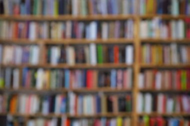 Görüntü, kitaplarla dolu geniş bir raf duvarını gösteriyor, ancak tüm sahne bilerek odak dışı kalmış, yumuşak ve bulanık bir etki yaratıyor. Raflar açık renkli ahşaptan yapılmış gibi görünüyor.,