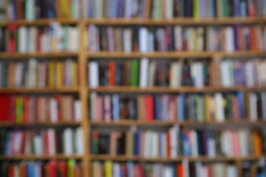 Görüntü, kitaplarla dolu geniş bir raf duvarını gösteriyor, ancak tüm sahne bilerek odak dışı kalmış, yumuşak ve bulanık bir etki yaratıyor. Raflar açık renkli ahşaptan yapılmış gibi görünüyor.,