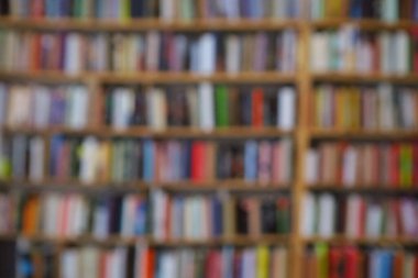 Görüntü, kitaplarla dolu geniş bir raf duvarını gösteriyor, ancak tüm sahne bilerek odak dışı kalmış, yumuşak ve bulanık bir etki yaratıyor. Raflar açık renkli ahşaptan yapılmış gibi görünüyor.,