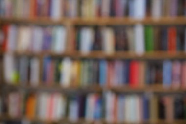 Görüntü, kitaplarla dolu geniş bir raf duvarını gösteriyor, ancak tüm sahne bilerek odak dışı kalmış, yumuşak ve bulanık bir etki yaratıyor. Raflar açık renkli ahşaptan yapılmış gibi görünüyor.,