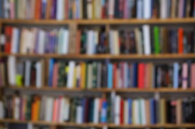 Görüntü, kitaplarla dolu geniş bir raf duvarını gösteriyor, ancak tüm sahne bilerek odak dışı kalmış, yumuşak ve bulanık bir etki yaratıyor. Raflar açık renkli ahşaptan yapılmış gibi görünüyor.,