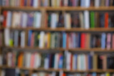 Görüntü, kitaplarla dolu geniş bir raf duvarını gösteriyor, ancak tüm sahne bilerek odak dışı kalmış, yumuşak ve bulanık bir etki yaratıyor. Raflar açık renkli ahşaptan yapılmış gibi görünüyor.,