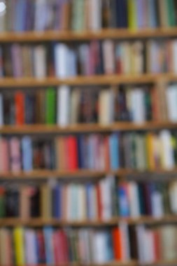 Görüntü, kitaplarla dolu geniş bir raf duvarını gösteriyor, ancak tüm sahne bilerek odak dışı kalmış, yumuşak ve bulanık bir etki yaratıyor. Raflar açık renkli ahşaptan yapılmış gibi görünüyor.,