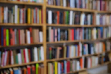 Görüntü, kitaplarla dolu geniş bir raf duvarını gösteriyor, ancak tüm sahne bilerek odak dışı kalmış, yumuşak ve bulanık bir etki yaratıyor. Raflar açık renkli ahşaptan yapılmış gibi görünüyor.,