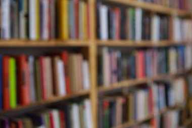 Görüntü, kitaplarla dolu geniş bir raf duvarını gösteriyor, ancak tüm sahne bilerek odak dışı kalmış, yumuşak ve bulanık bir etki yaratıyor. Raflar açık renkli ahşaptan yapılmış gibi görünüyor.,