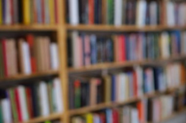 Görüntü, kitaplarla dolu geniş bir raf duvarını gösteriyor, ancak tüm sahne bilerek odak dışı kalmış, yumuşak ve bulanık bir etki yaratıyor. Raflar açık renkli ahşaptan yapılmış gibi görünüyor.,