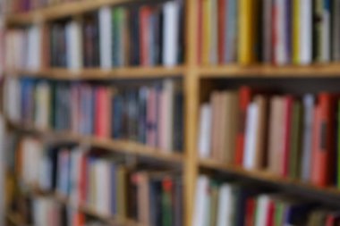 Görüntü, kitaplarla dolu geniş bir raf duvarını gösteriyor, ancak tüm sahne bilerek odak dışı kalmış, yumuşak ve bulanık bir etki yaratıyor. Raflar açık renkli ahşaptan yapılmış gibi görünüyor.,