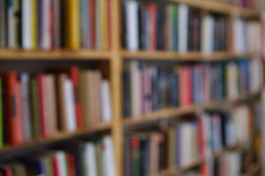 Görüntü, kitaplarla dolu geniş bir raf duvarını gösteriyor, ancak tüm sahne bilerek odak dışı kalmış, yumuşak ve bulanık bir etki yaratıyor. Raflar açık renkli ahşaptan yapılmış gibi görünüyor.,