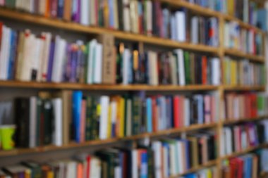 Görüntü, kitaplarla dolu geniş bir raf duvarını gösteriyor, ancak tüm sahne bilerek odak dışı kalmış, yumuşak ve bulanık bir etki yaratıyor. Raflar açık renkli ahşaptan yapılmış gibi görünüyor.,