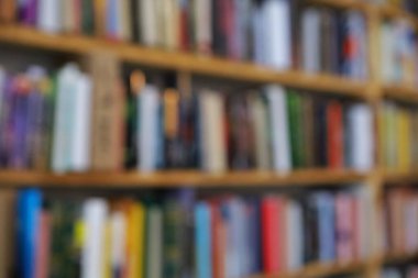 Görüntü, kitaplarla dolu geniş bir raf duvarını gösteriyor, ancak tüm sahne bilerek odak dışı kalmış, yumuşak ve bulanık bir etki yaratıyor. Raflar açık renkli ahşaptan yapılmış gibi görünüyor.,