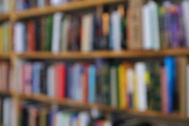 Görüntü, kitaplarla dolu geniş bir raf duvarını gösteriyor, ancak tüm sahne bilerek odak dışı kalmış, yumuşak ve bulanık bir etki yaratıyor. Raflar açık renkli ahşaptan yapılmış gibi görünüyor.,