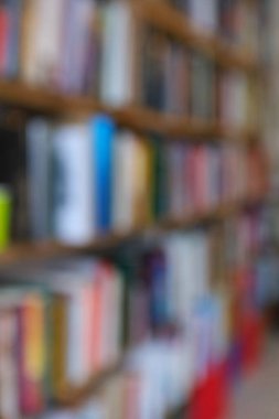 Görüntü, kitaplarla dolu geniş bir raf duvarını gösteriyor, ancak tüm sahne bilerek odak dışı kalmış, yumuşak ve bulanık bir etki yaratıyor. Raflar açık renkli ahşaptan yapılmış gibi görünüyor.,