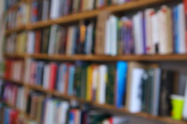 Görüntü, kitaplarla dolu geniş bir raf duvarını gösteriyor, ancak tüm sahne bilerek odak dışı kalmış, yumuşak ve bulanık bir etki yaratıyor. Raflar açık renkli ahşaptan yapılmış gibi görünüyor.,